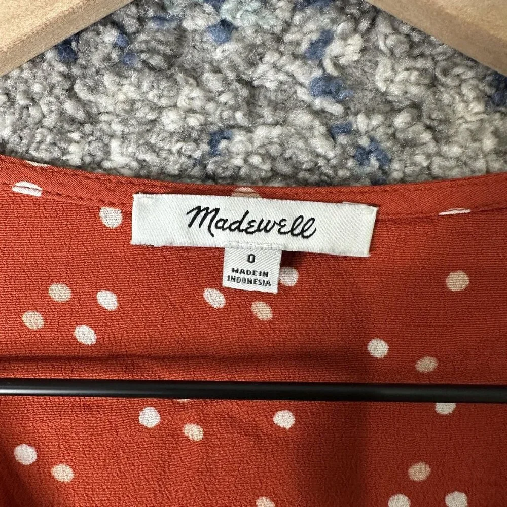 Madewell Blouse Womens‎ 0 Orange Polka Dot Ruched Button Puff Sleeve Top